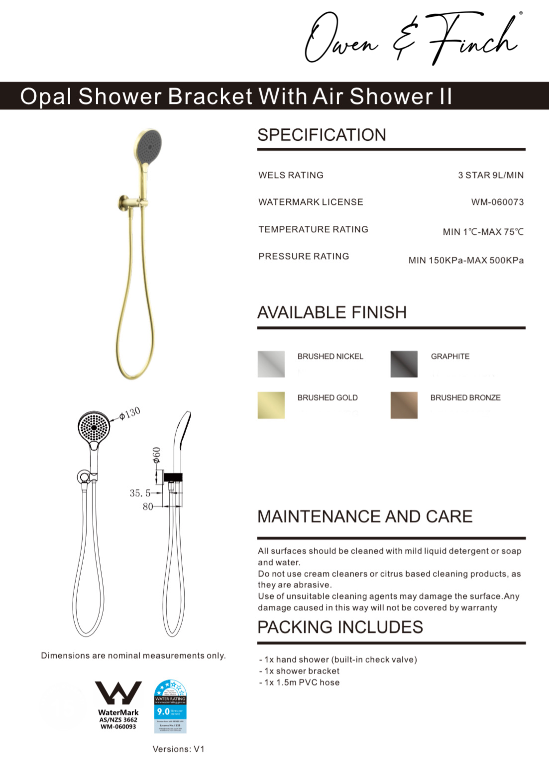 Owen & Finch Opal Air Shower Handdouche Brushed Satin Bronze PVD