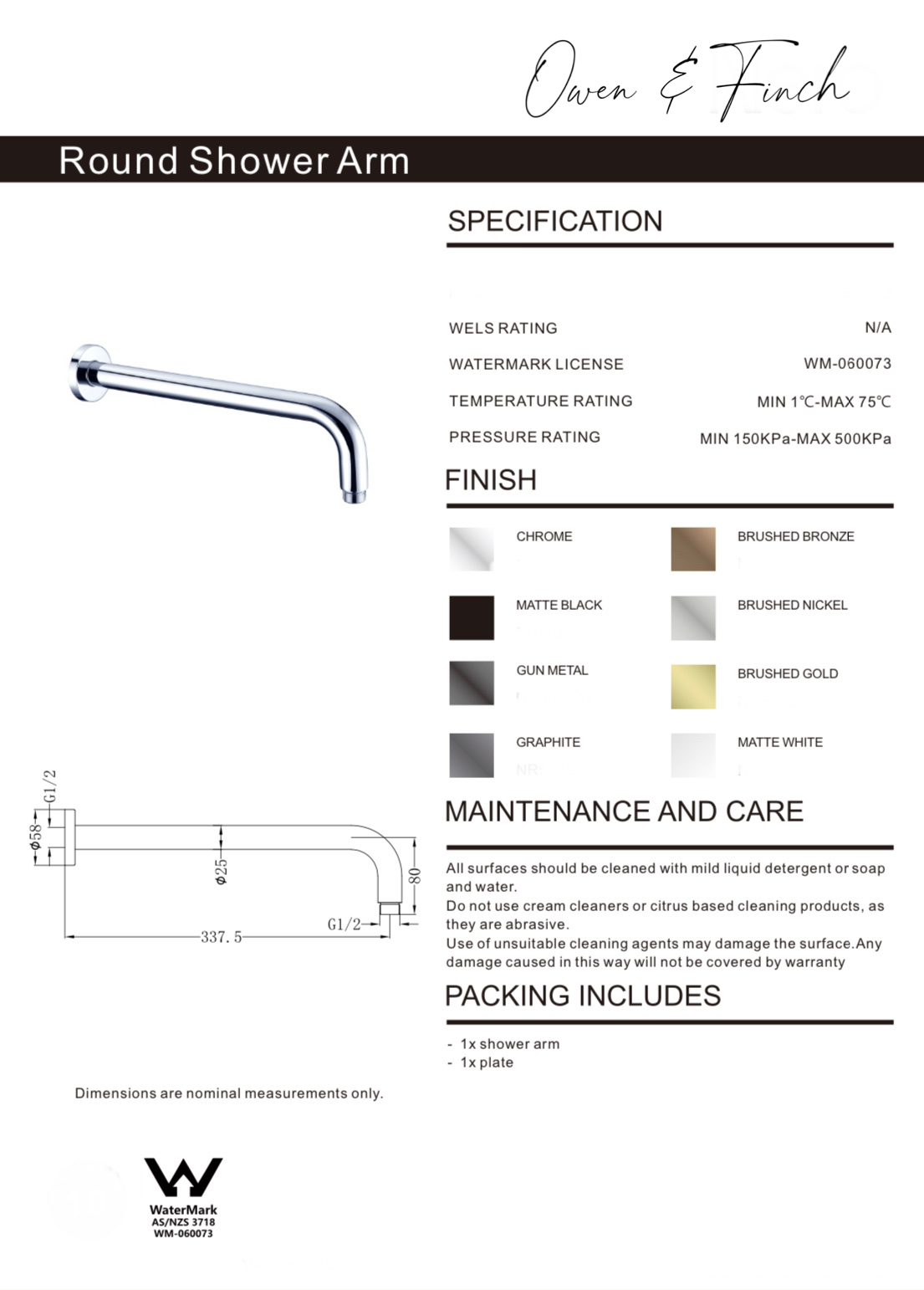 Owen & Finch Gebogen Wandarm Brushed Gun Metal PVD
