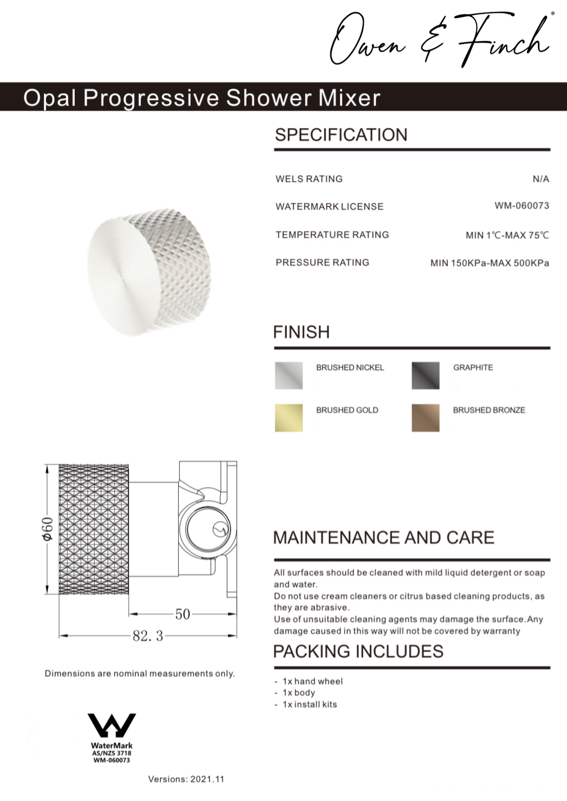Owen & Finch Opal Progressive 1-Gats Inbouw Douche - Badmengkraan Brushed Nickel PVD