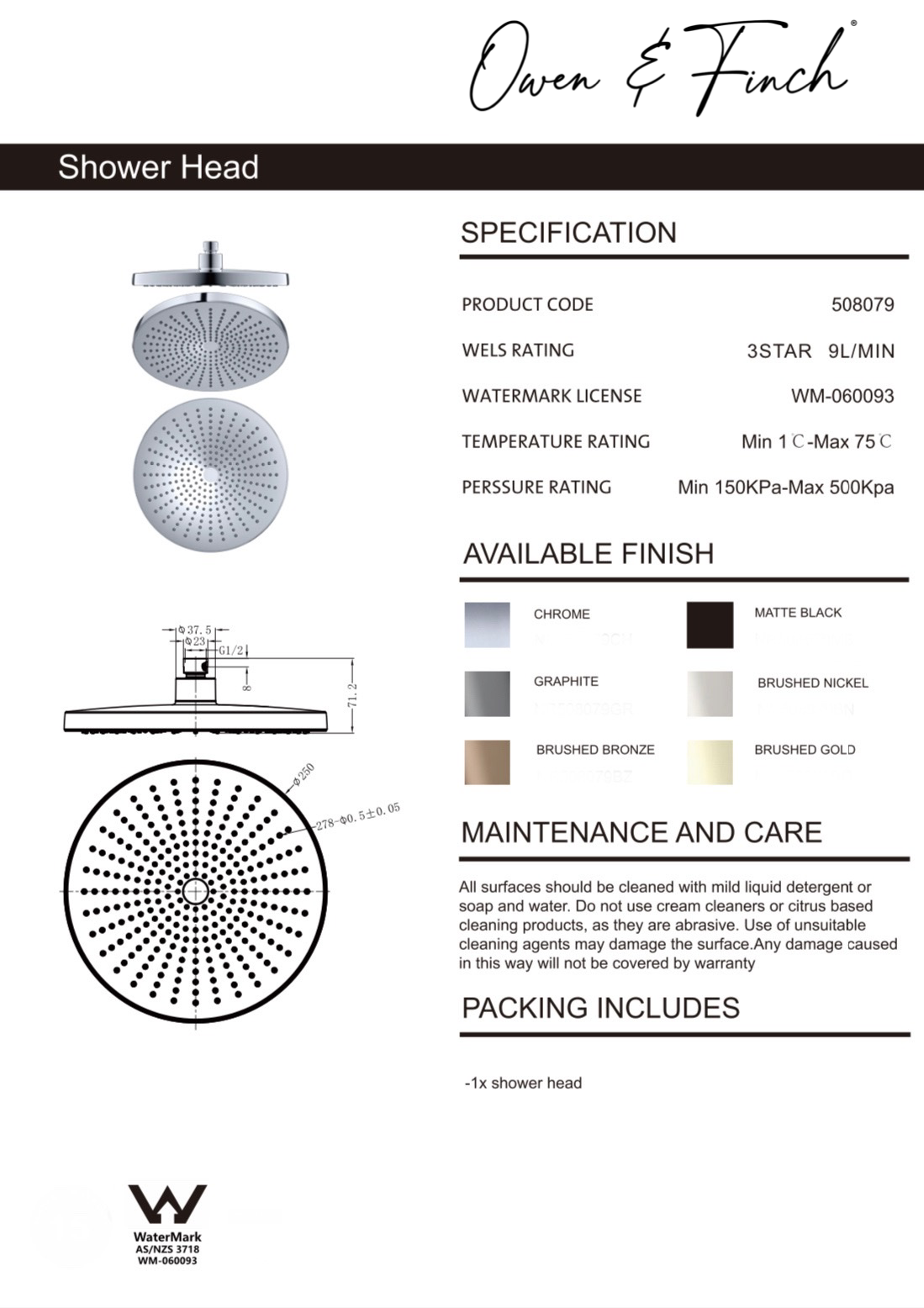 Owen & Finch Mecca Opal Douchekop Chroom 250mm