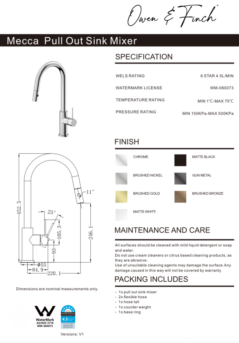 Owen & Finch Mecca 1-Gats Keukenmengkraan Pull Out Chroom