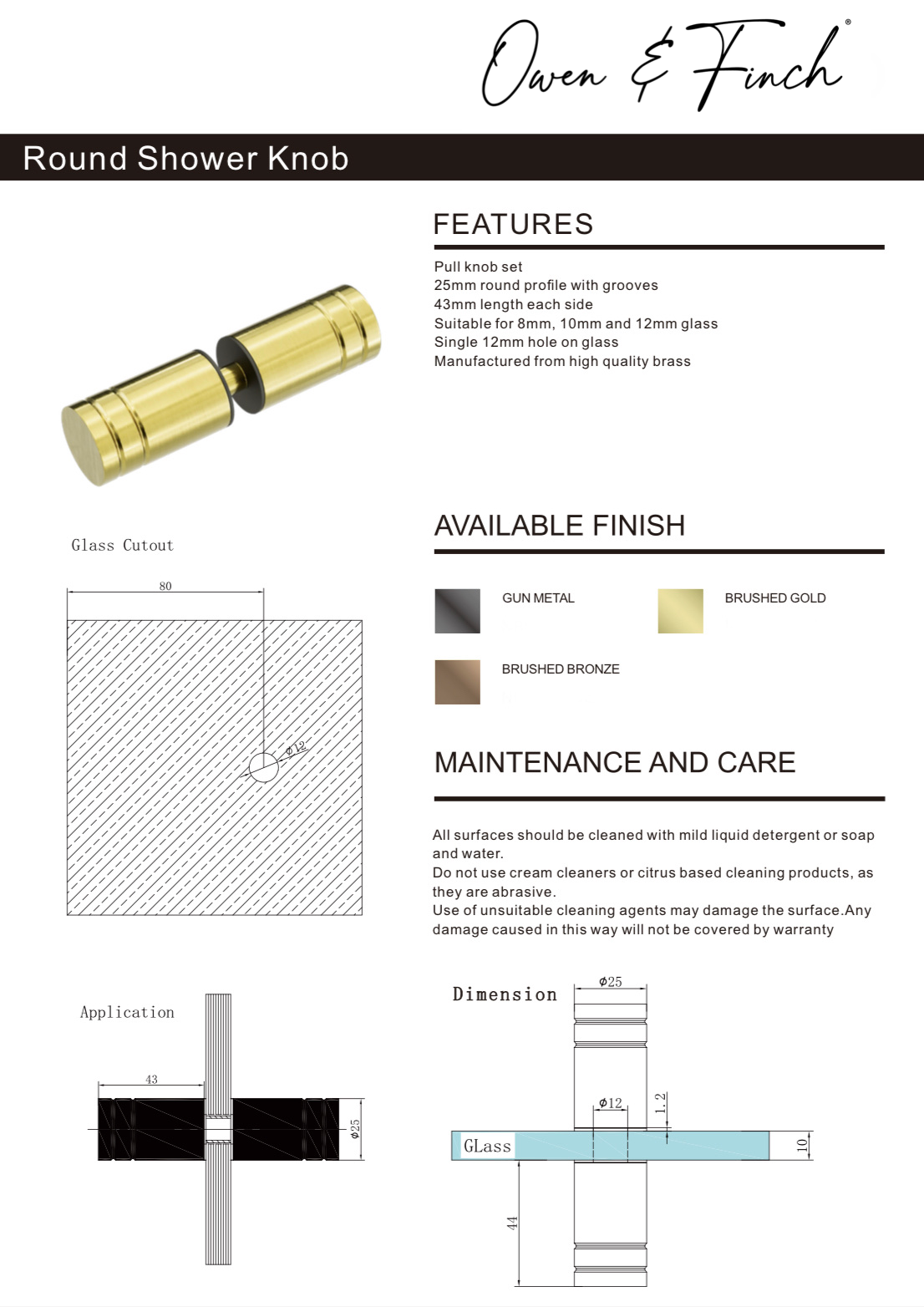 Owen & Finch Glasbeslag Deurknop Brushed Champagne Gold PVD