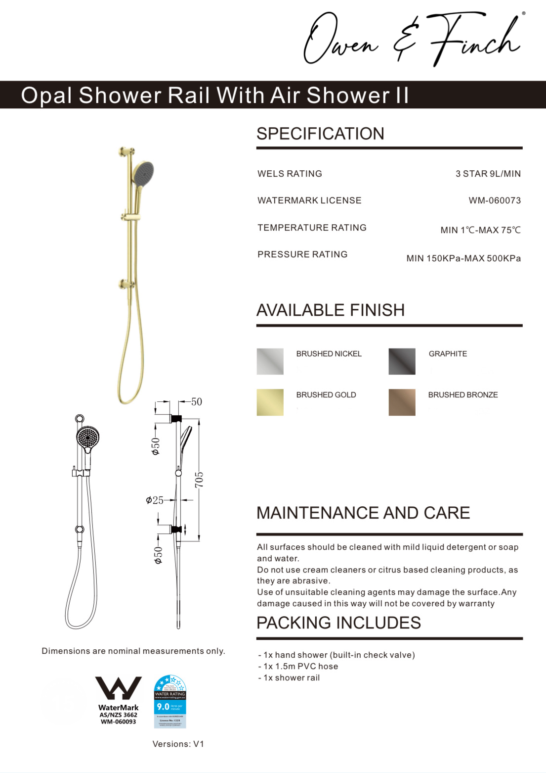 Owen & Finch Opal Air Shower Handdouche Met Glijstang Brushed Nickel PVD