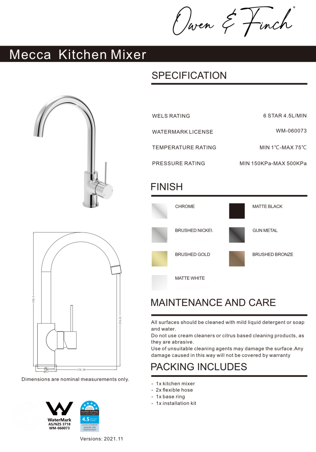 Owen & Finch Mecca 1-Gats Keukenmengkraan Brushed Nickel