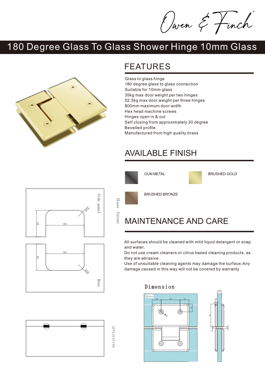Owen & Finch Glasbeslag Douchescharnier 180 Graden Draaibaar Brushed Gold PVD