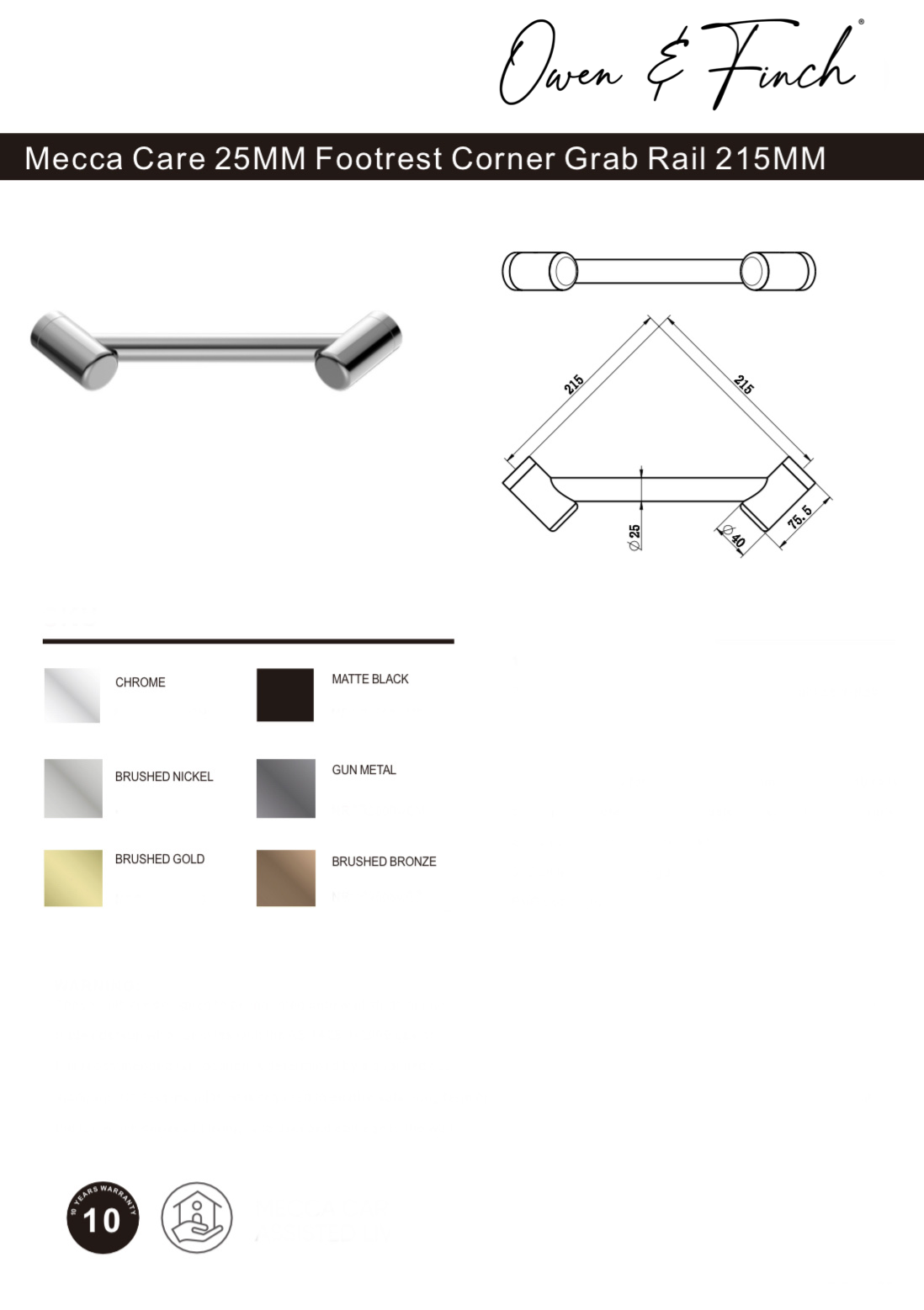 Owen & Finch Mecca Care Hoek Voetsteun Brushed Nickel