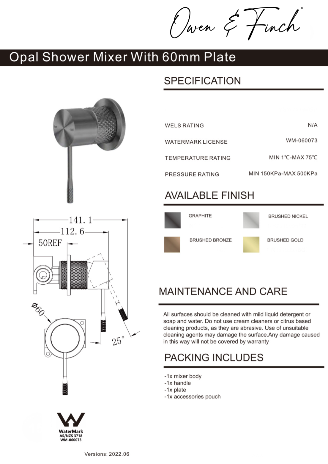 Owen & Finch Opal 1-Gats Douche - Badmengkraan Brushed Champagne Gold PVD
