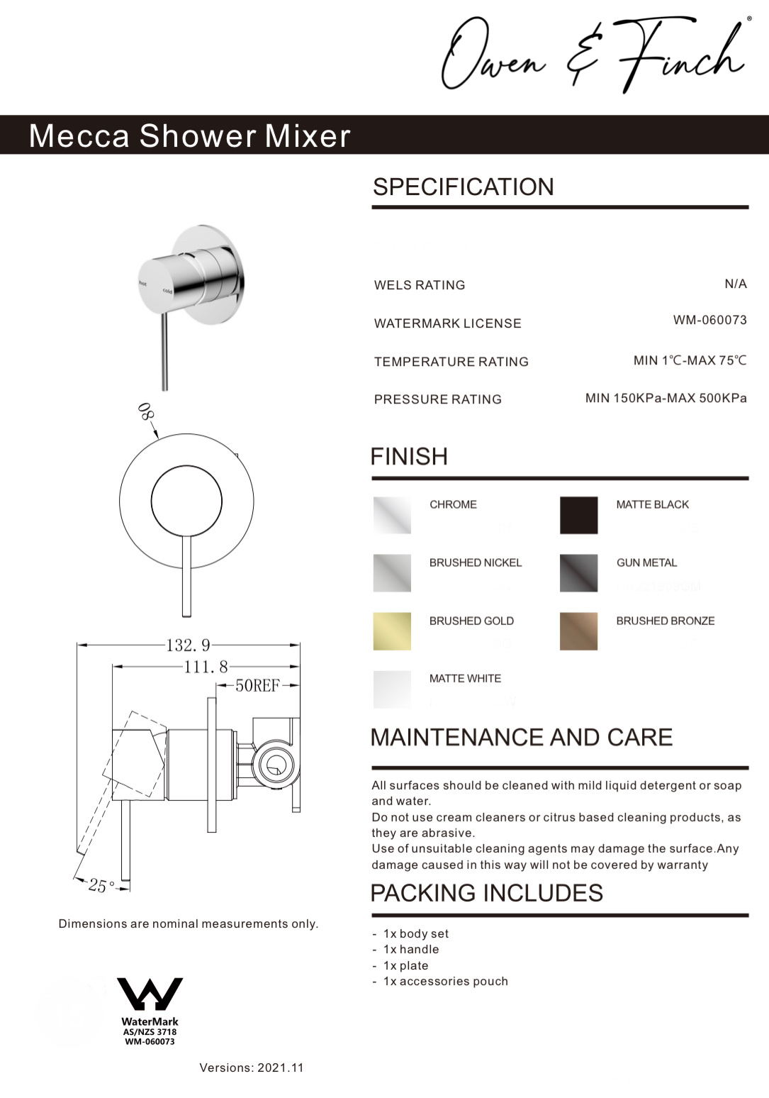 Owen & Finch Mecca 1-Gats Inbouw Douche - Badmengkraan Brushed Nickel
