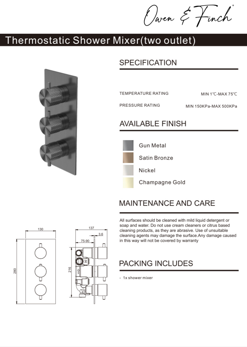Owen & Finch Opal Thermostaatkraan Brushed Satin Bronze PVD