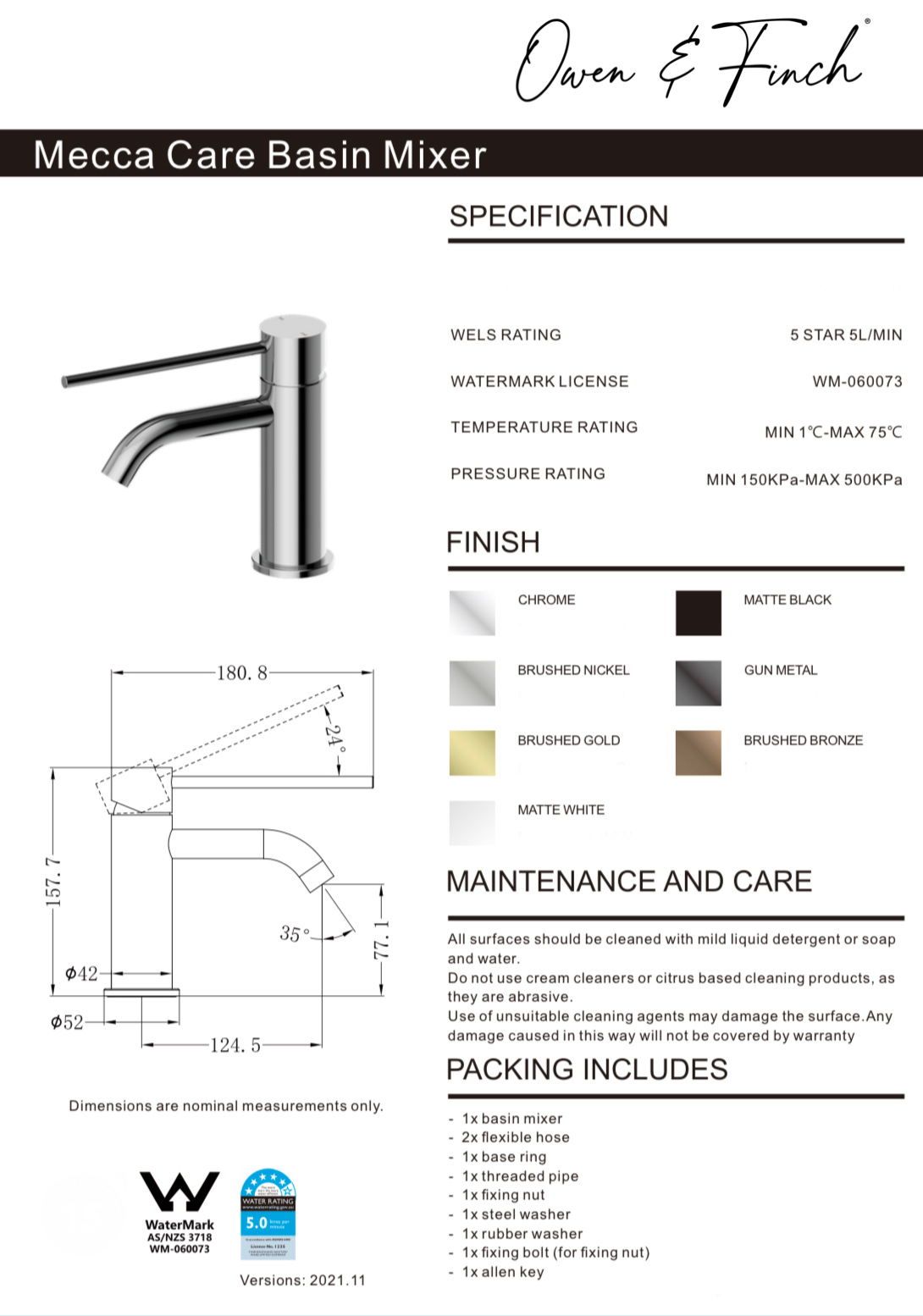 Owen & Finch Mecca Care Wastafelmengkraan 1-Gats Laag Model Bruhed Nickel PVD