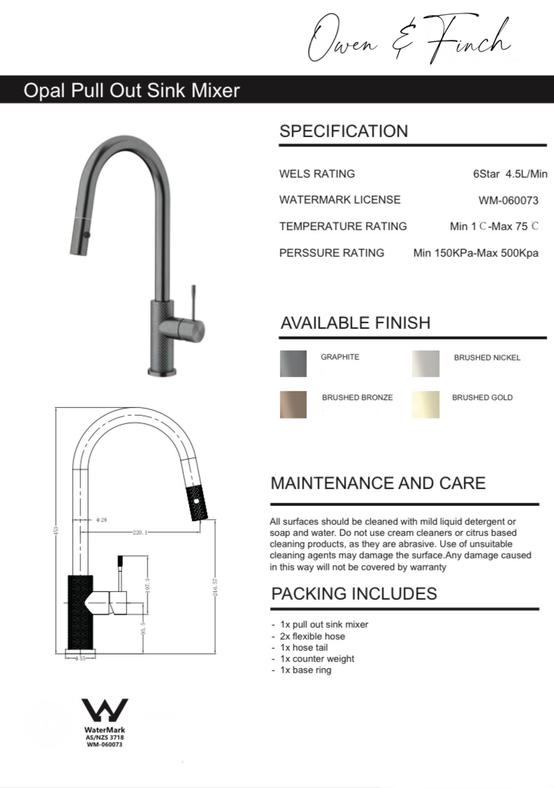 Owen & Finch Opal 1-Gats Keukenmengkraan Pull Out Brushed Nickel PVD