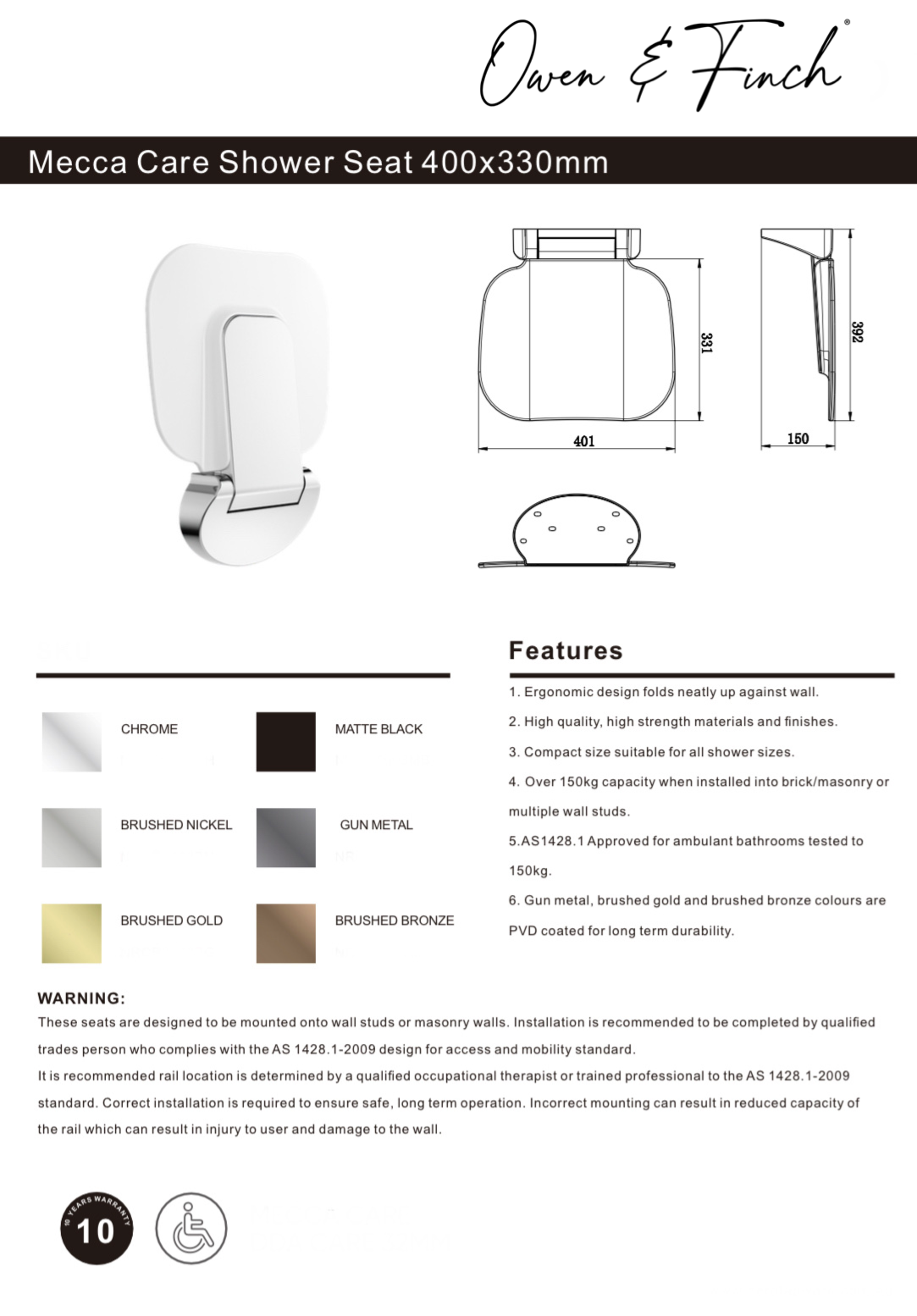 Owen & Finch Mecca Care Inklapbare Douchestoel Chrome