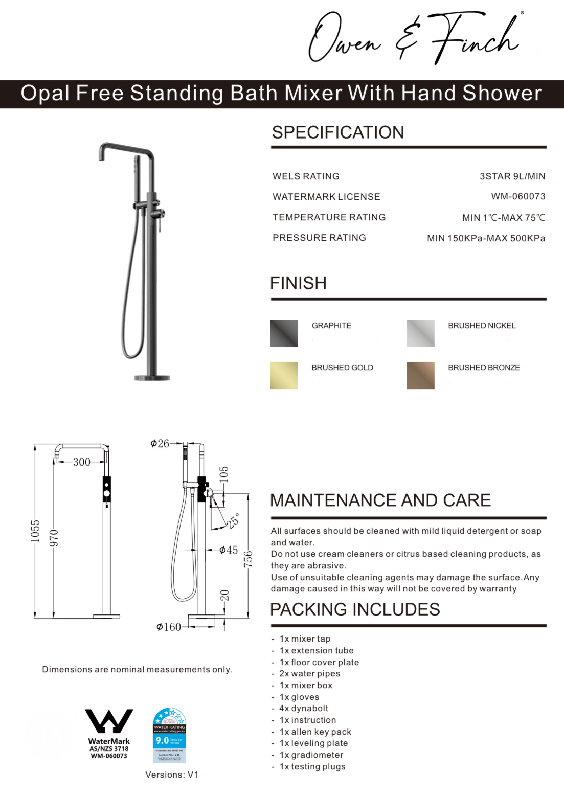 Owen & Finch Opal Vrijstaande Badmengkraan Met Handdouche Brushed Champagne Gold PVD