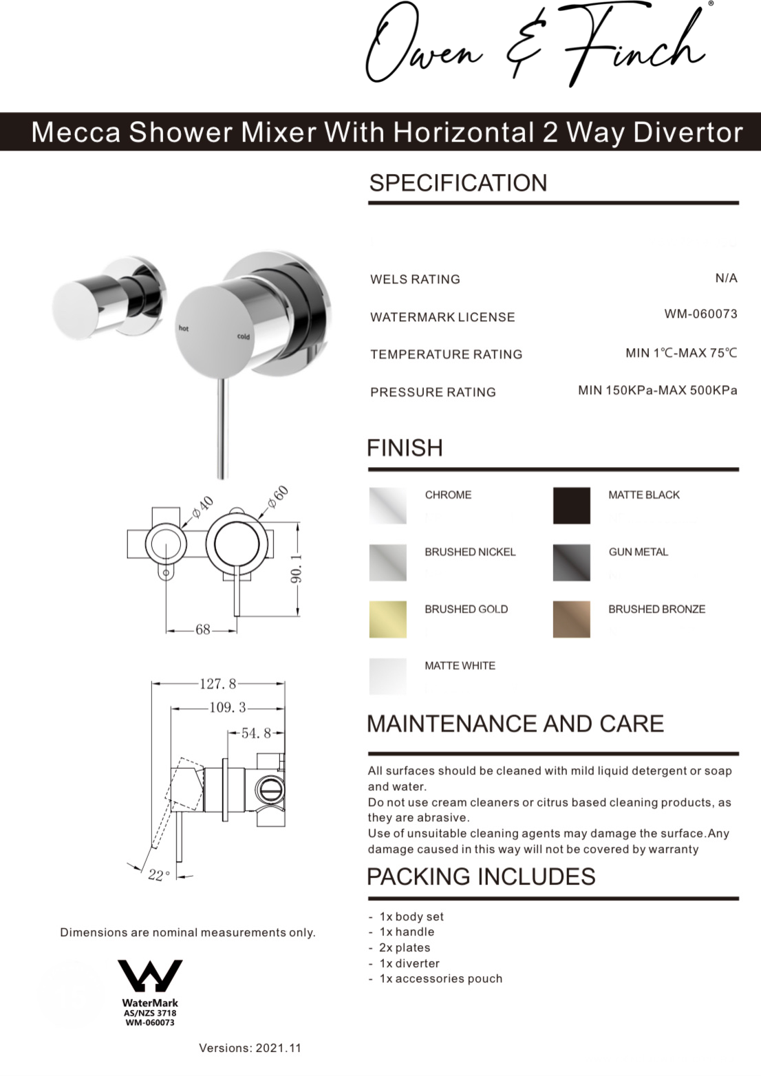 Owen & Finch Mecca 2-Gats Inbouw Douche - Badmengkraan Met Horizontale Omstelling Brushed Satin Bronze PVD