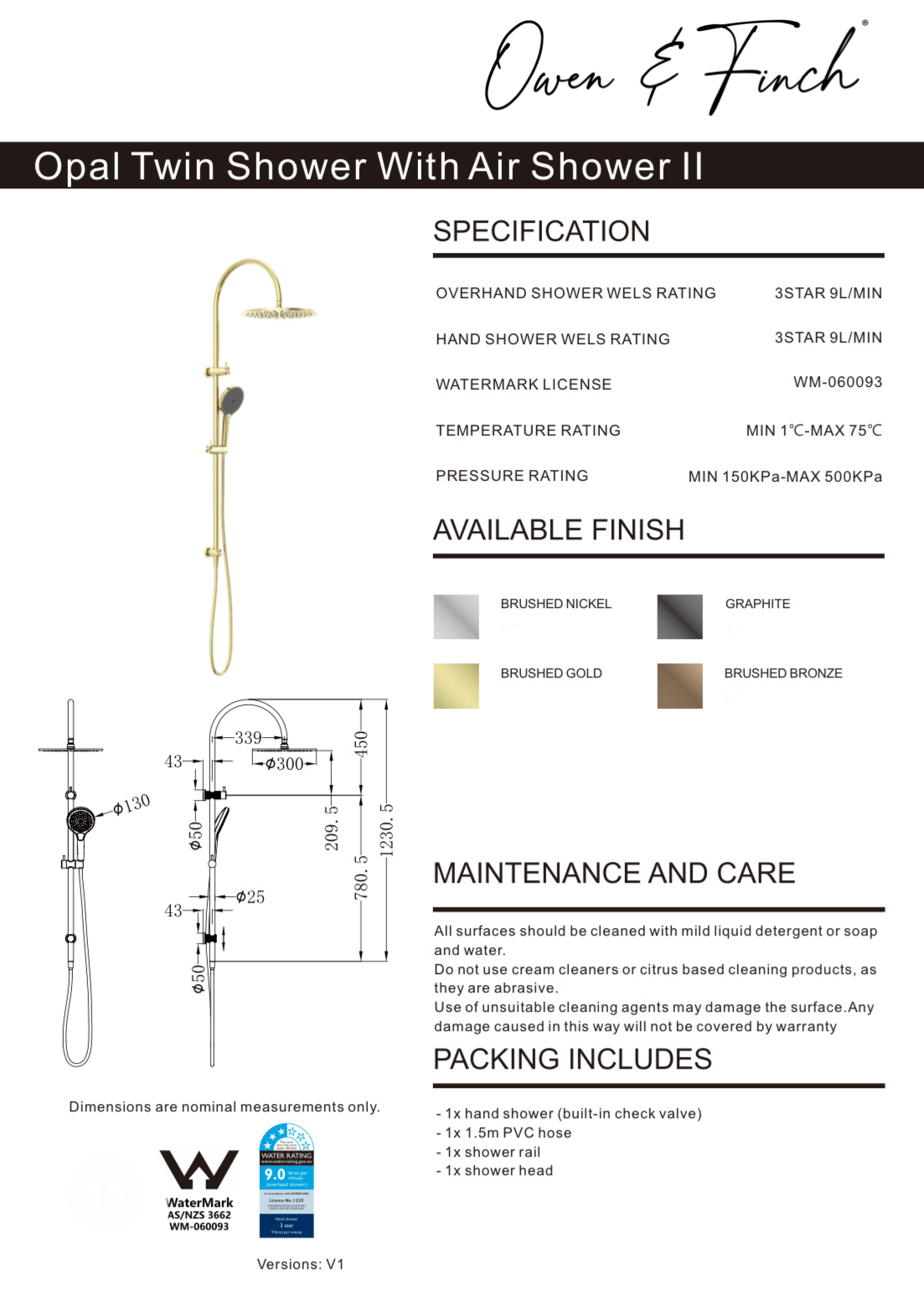 Owen & Finch Opal Air Shower Complete Doucheset Brushed Champagne Gold Met Mengkraan