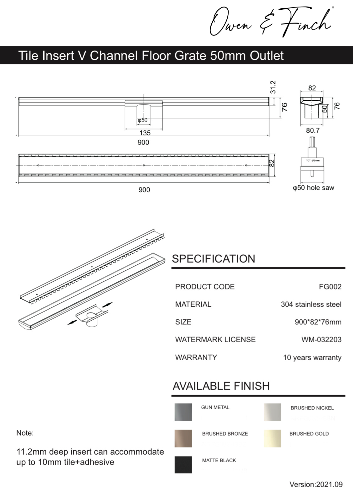 Owen & Finch Douchegoot Met Tegelrooster Matte Black 900mm