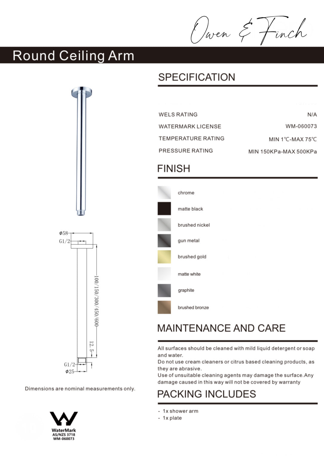 Owen & Finch Plafondarm Brushed Nickel