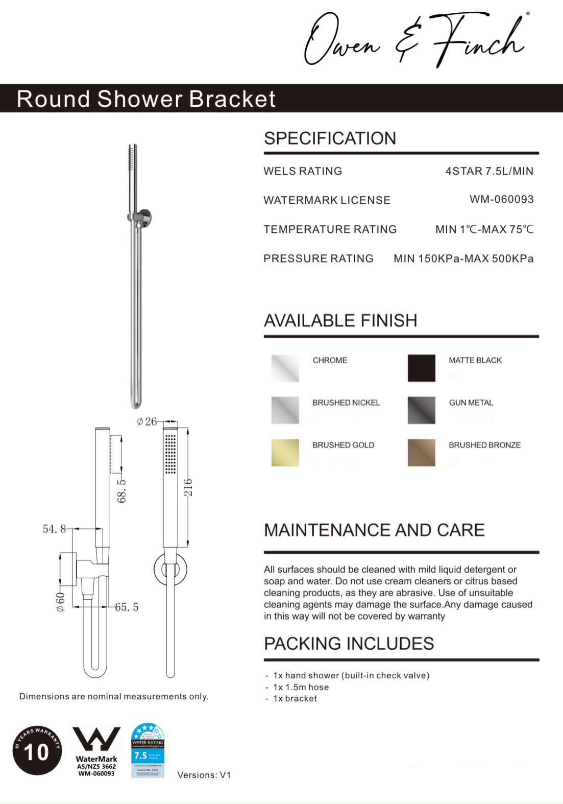 Owen & Finch Staafhanddouche Brushed Satin Bronze PVD