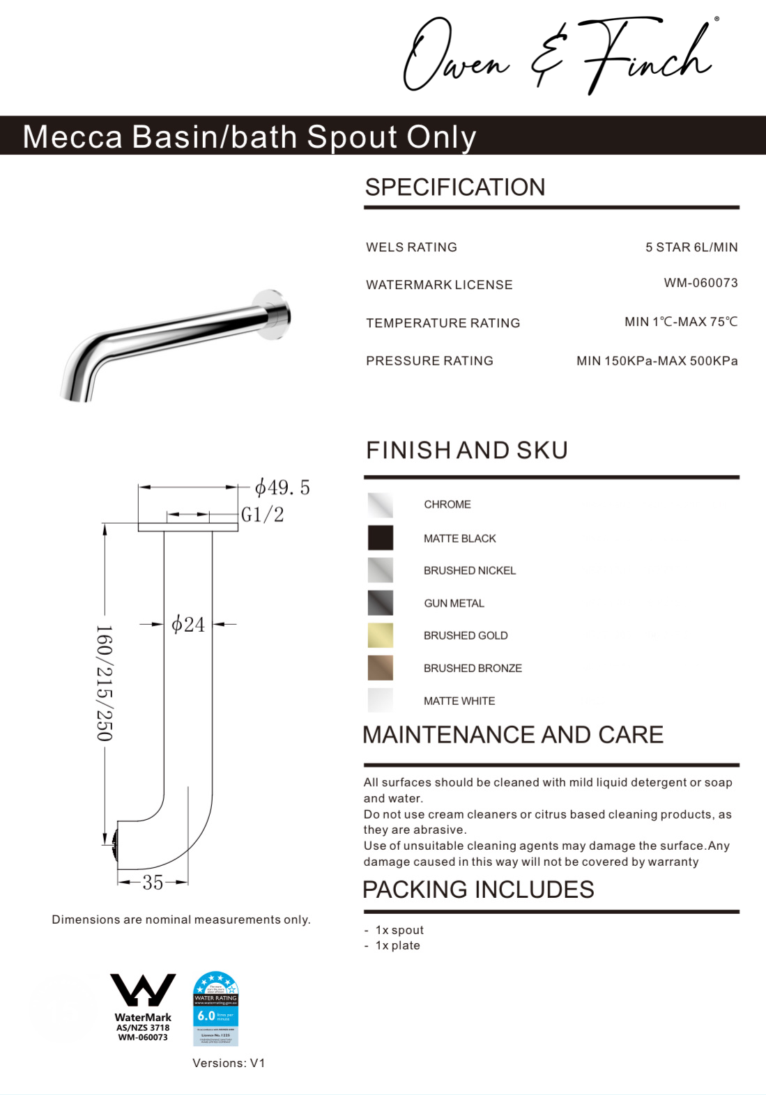 Owen & Finch Mecca Wanduitloop Brushed Gun Metal PVD