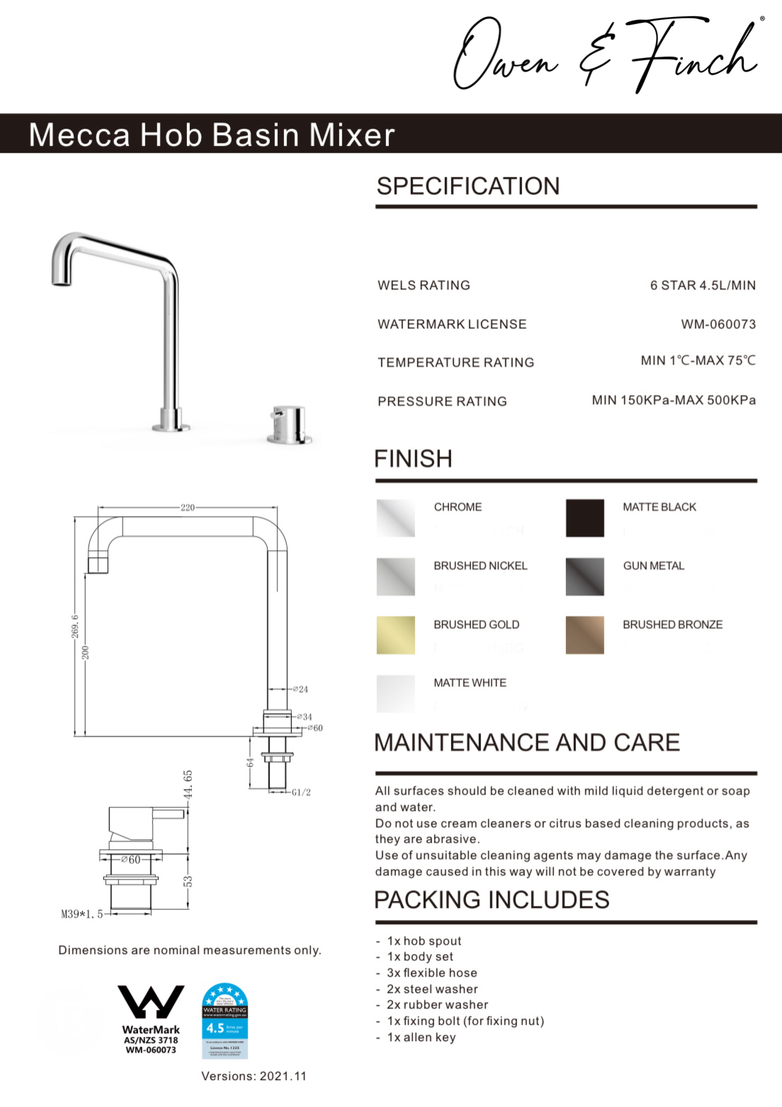 Owen & Finch Mecca 2-Gats Inbouw Wastafelmengkraan Brushed Champagne Gold PVD