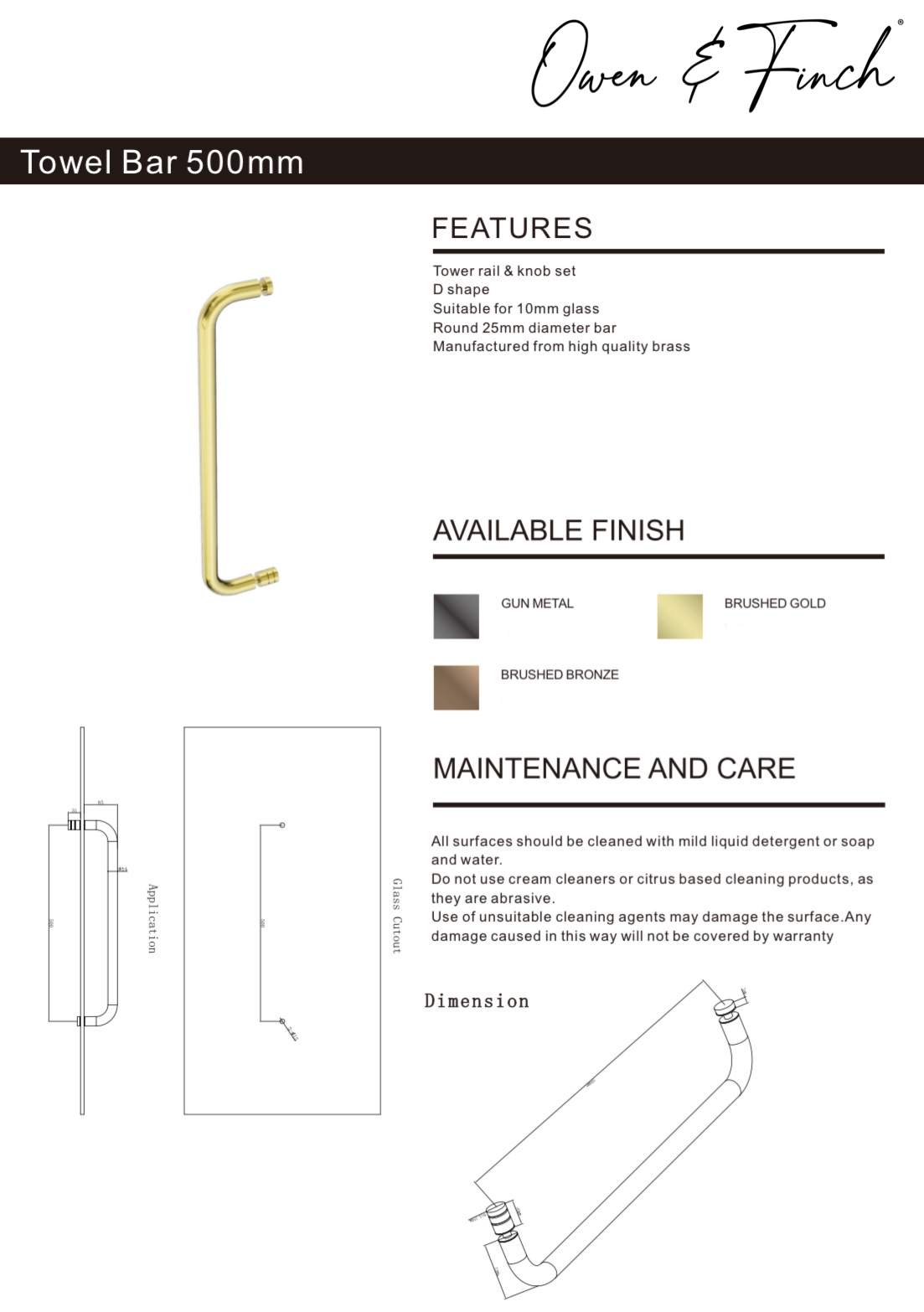 Owen & Finch Glasbeslag D Vormig Handvat Brushed Gun Metal PVD