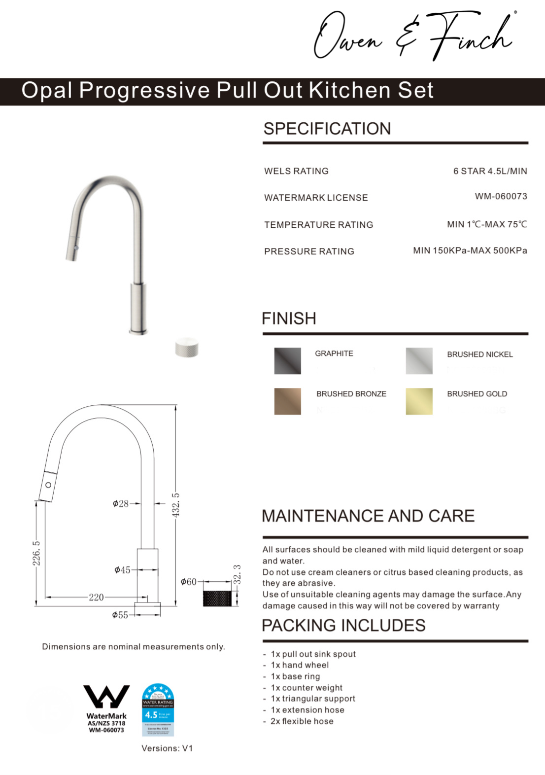 Owen & Finch Opal Progressive 1-Gats Keukenmengkraan Pull Out Brushed Satin Bronze PVD