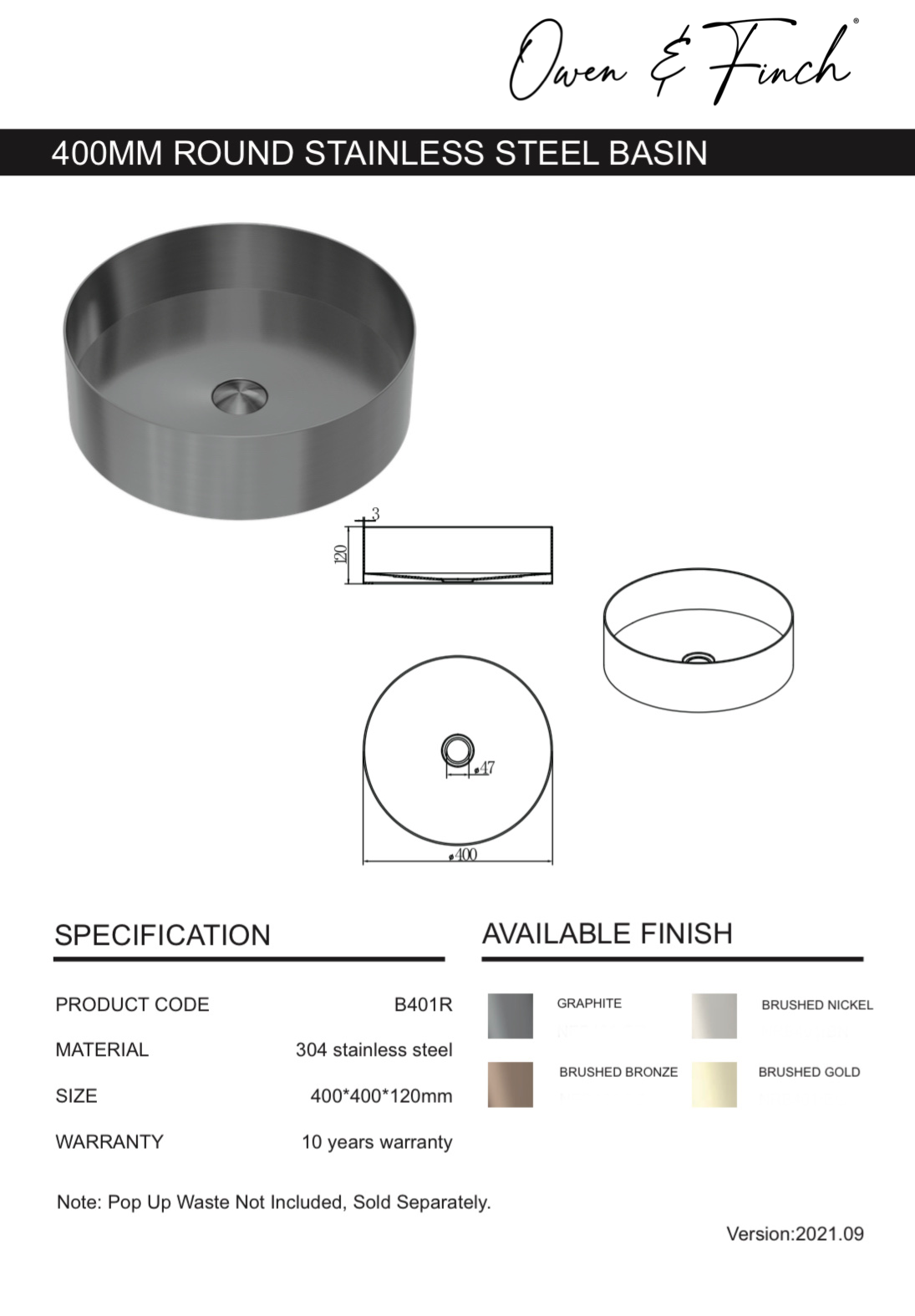 Owen & Finch Waskom RVS Rond Brushed Graphite PVD