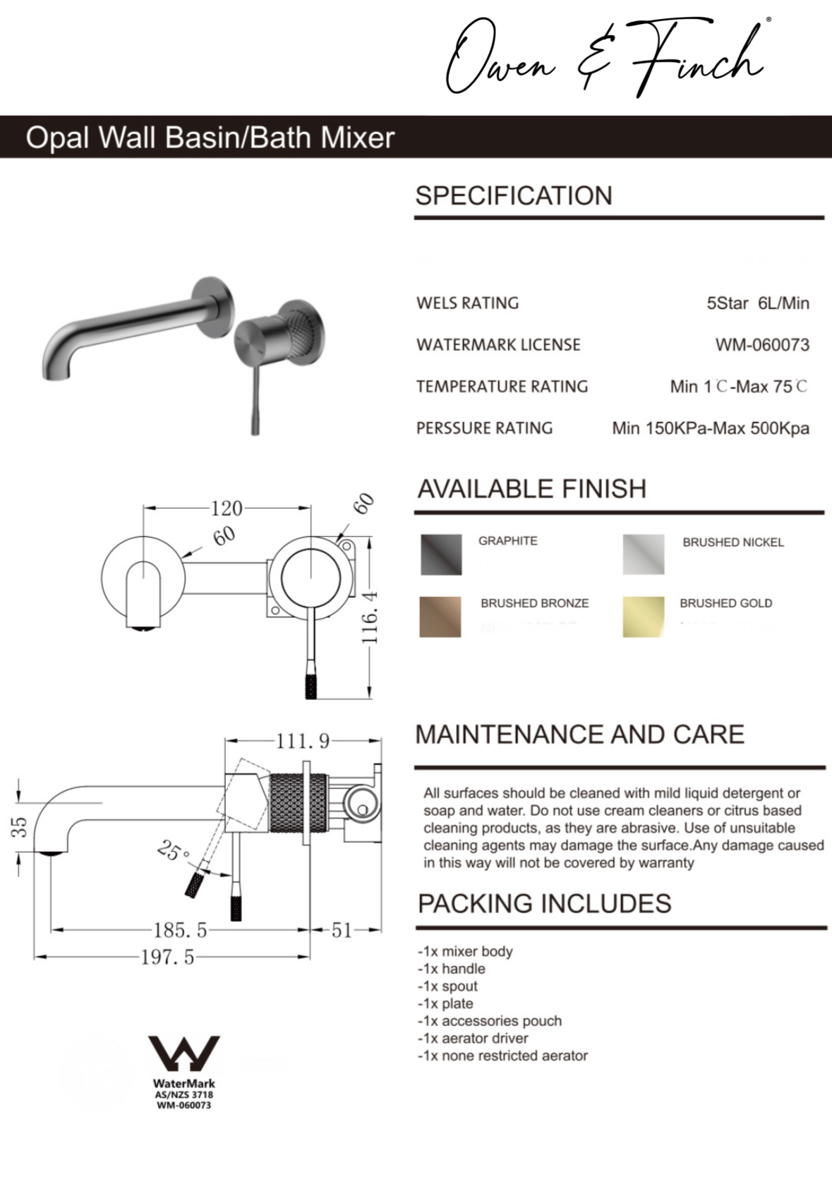 Owen & Finch Opal 2-Gats Inbouw Wastafelmengkraan Brushed Satin Bronze PVD