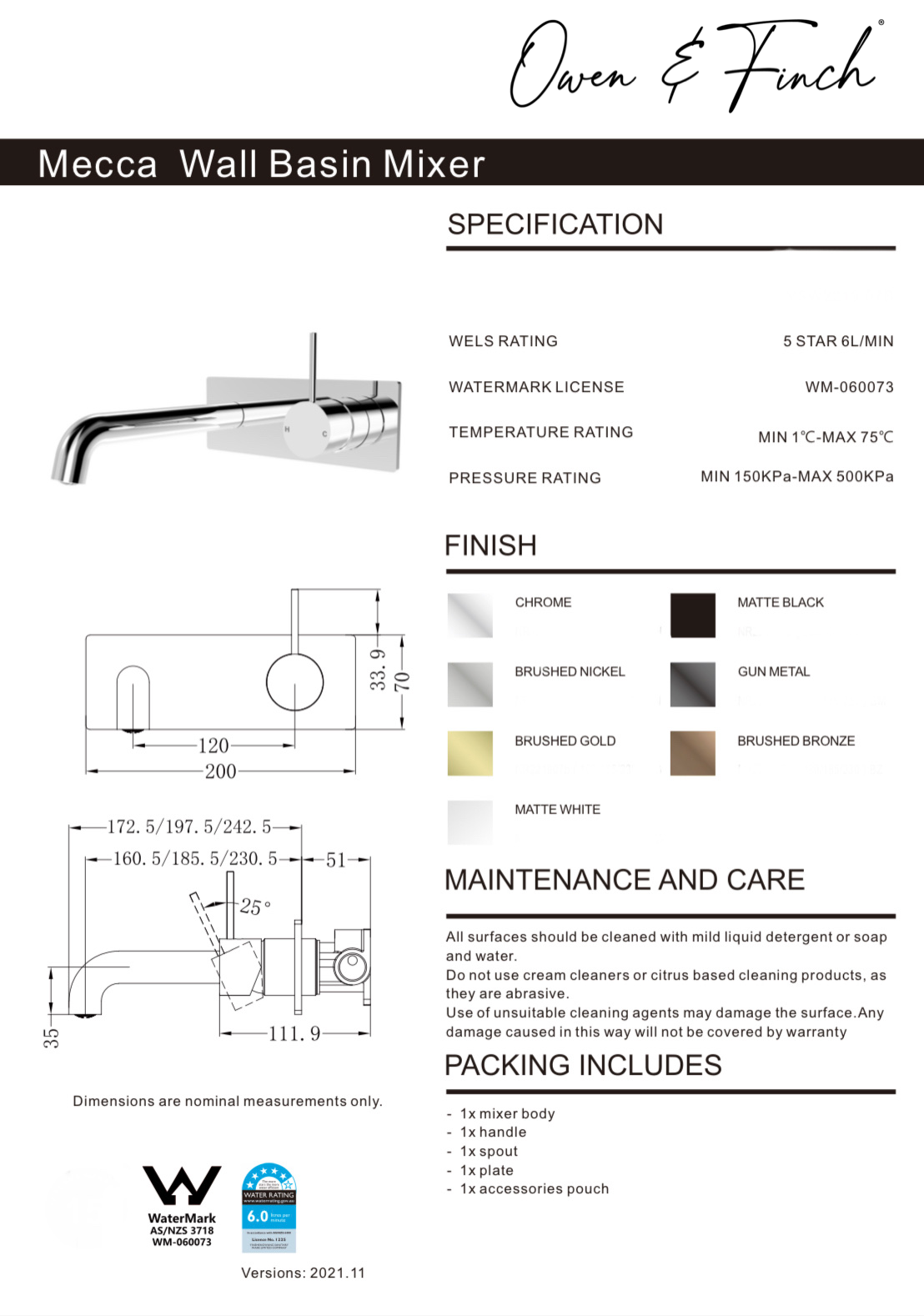 Owen & Finch Mecca 2-Gats Inbouw Wastafelmengkraan Met Achterplaat Matte White