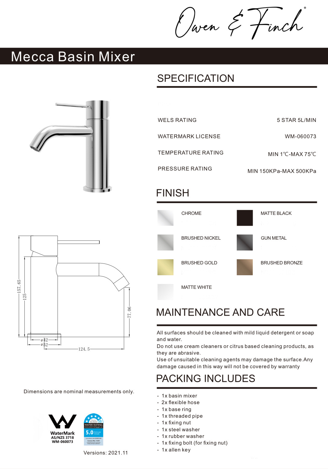 Owen & Finch Mecca Wastafelmengkraan 1-Gats Laag Model Brushed Nickel