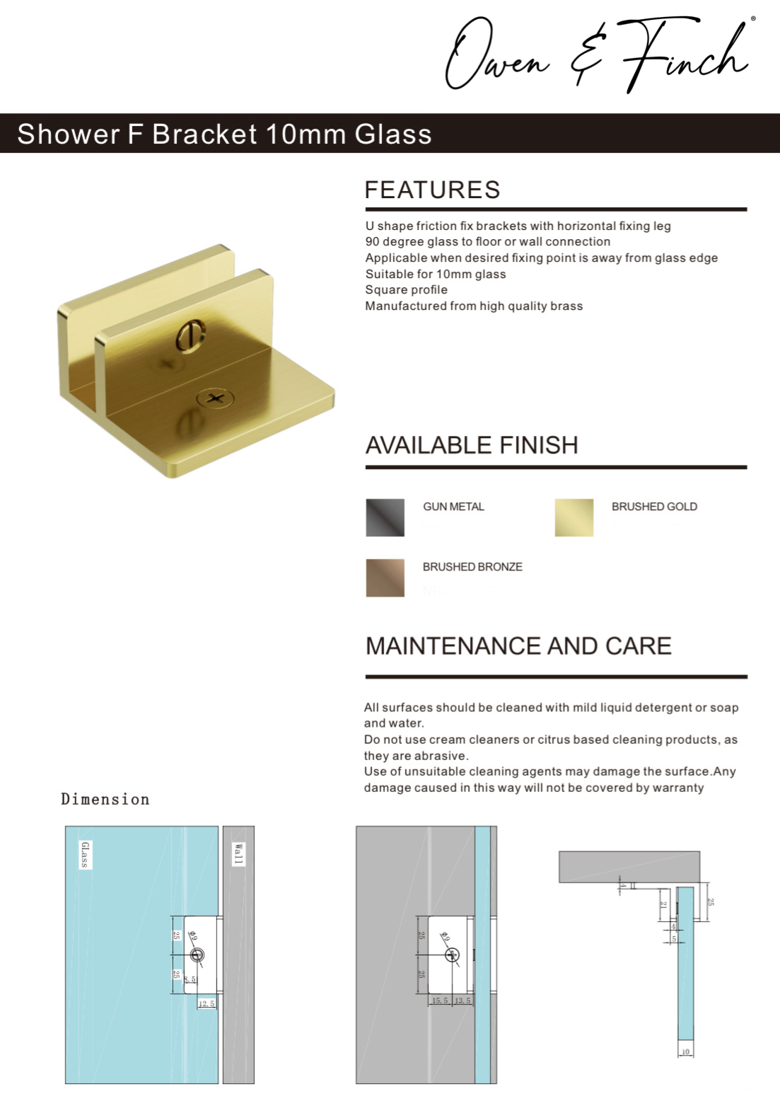 Owen & Finch Glasbeslag Wand- Vloerbevestigingsplaat Brushed Champagne Gold PVD