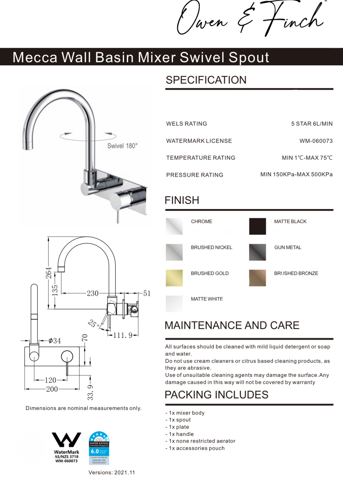 Owen & Finch Mecca 2-Gats Inbouw Draaibare Wastafel- Badmengkraan Met Achterplaat Brushed Champagne Gold PVD