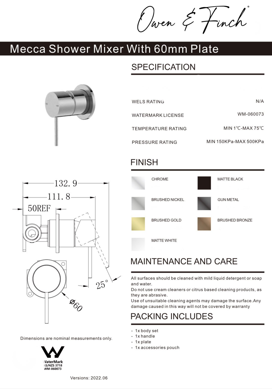 Owen & Finch Mecca 1-Gats Inbouw Douche - Badmengkraan Brushed Nickel