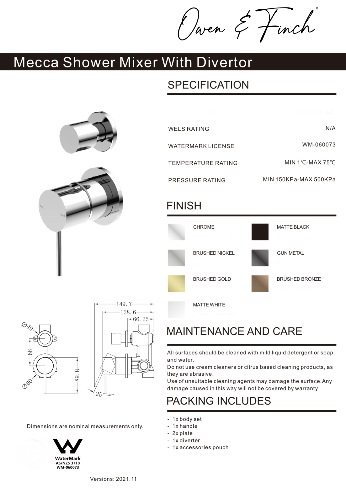Owen & Finch Mecca 2-Gats Inbouw Douche - Badmengkraan Met Verticale Omstelling Matte White