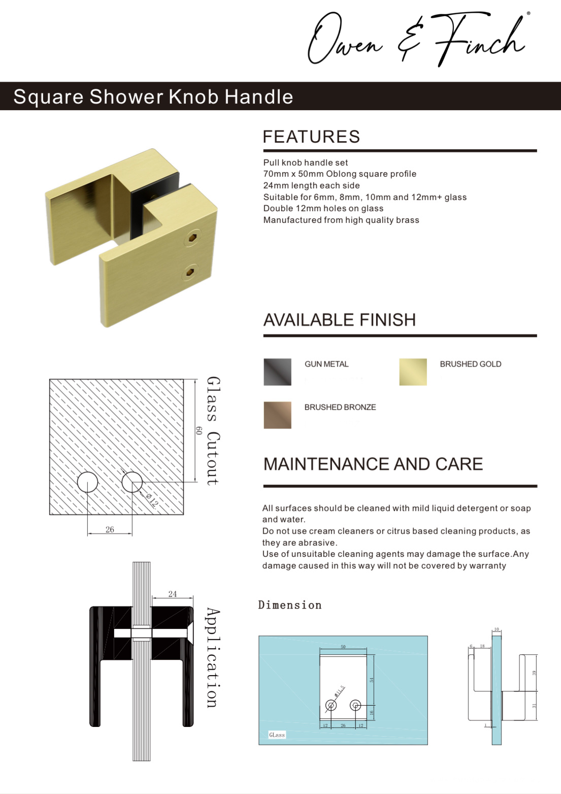 Owen & Finch Glasbeslag Handvat Brushed Champagne Gold PVD