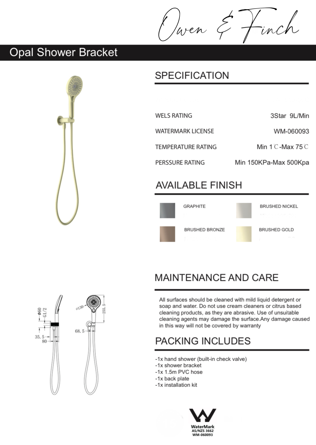Owen & Finch Opal Handdouche Brushed Graphite PVD