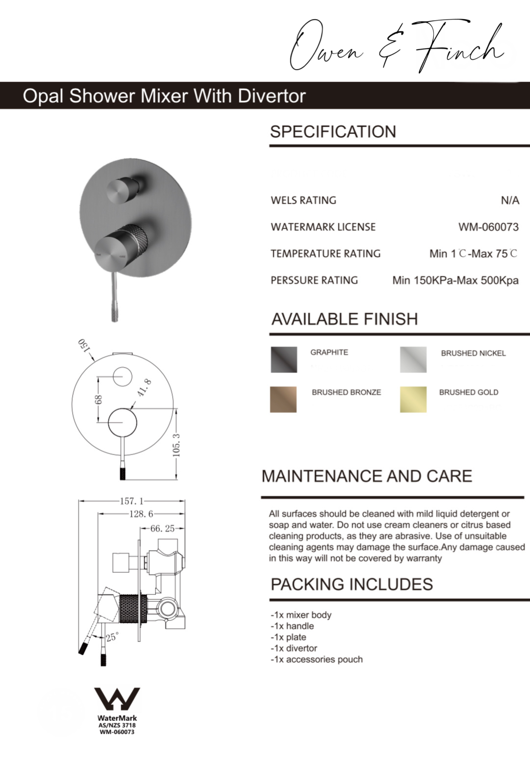 Owen & Finch Opal Inbouw Bad- Douchemengkraan Met Omstel Brushed Satin Bronze PVD