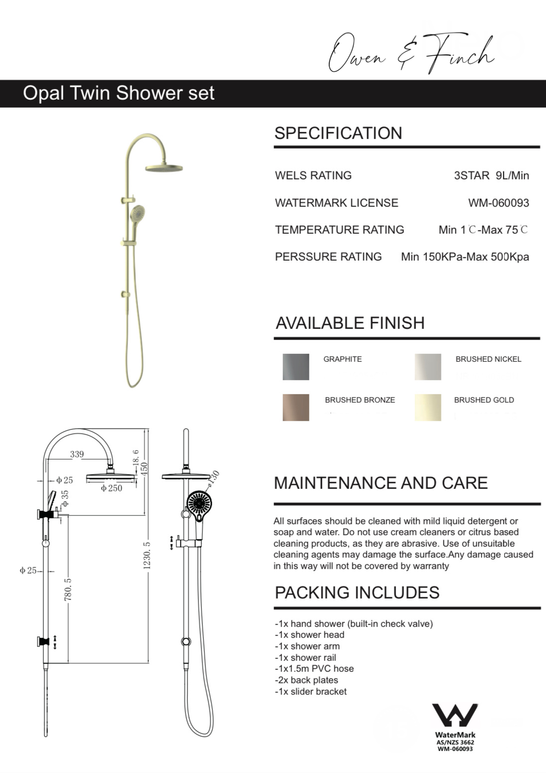 Owen & Finch Opal Doucheset Brushed Gold Met Mengkraan PVD