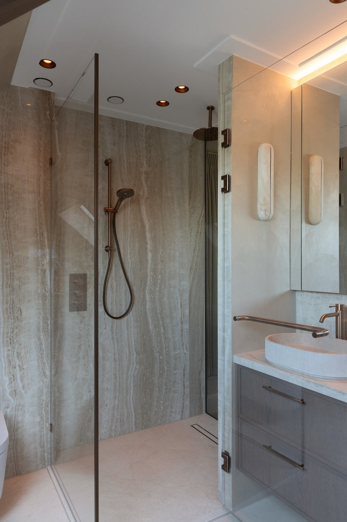Owen &amp; Finch Brass Shower Door Handle Brushed Satin Bronze | Round 25mm Glass Fittings PVD (OFSH303aBZ)