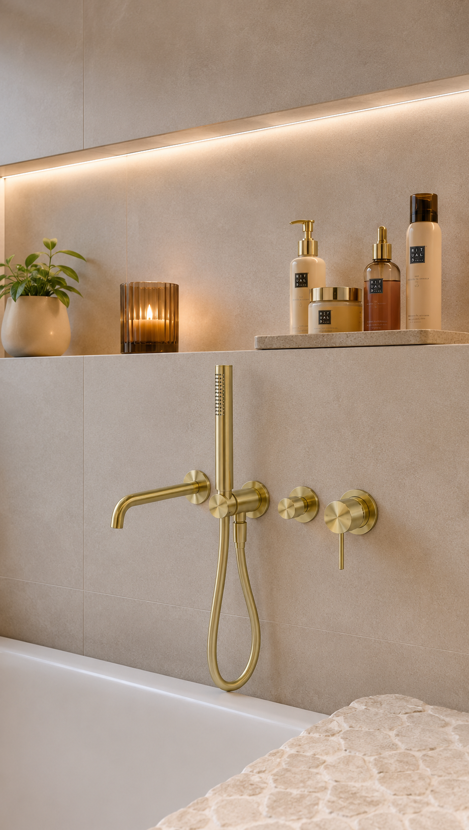 Inbouw Badkraan Messing Geborsteld Champagne Goud PVD Met Handdouche En Uitloop 230/260mm | Owen & Finch (OF221912hBG)