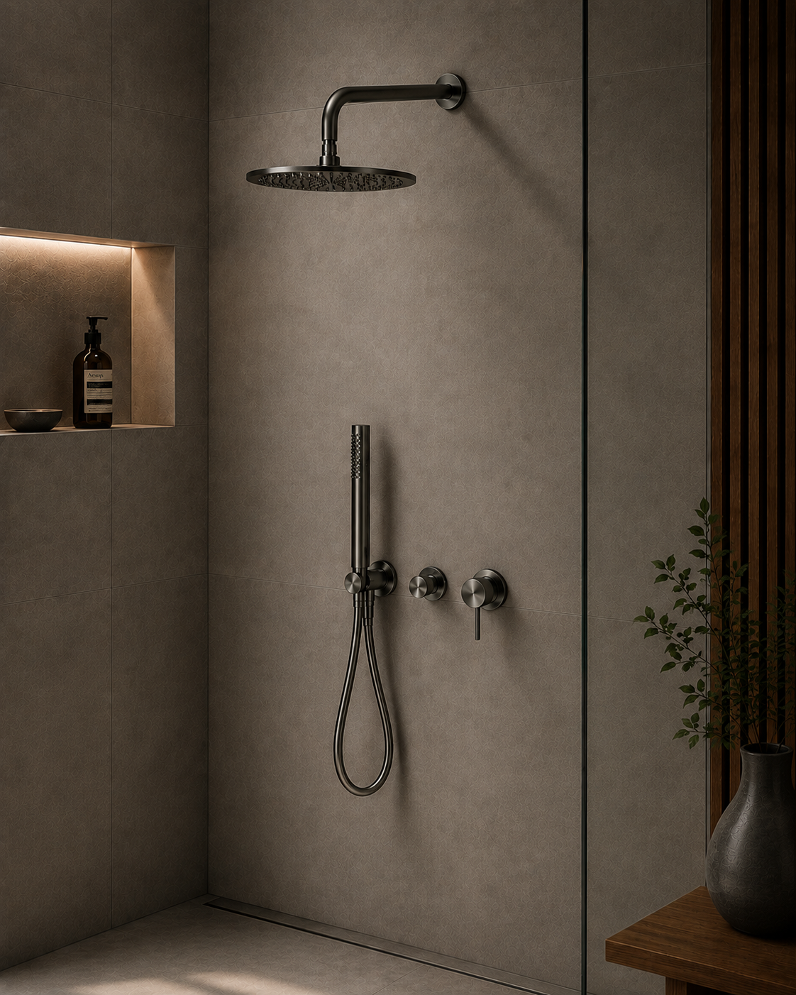 Complete Inbouw Regendoucheset Ø300 mm | Geborsteld Gun Metal PVD | Owen & Finch (OF221914GM)