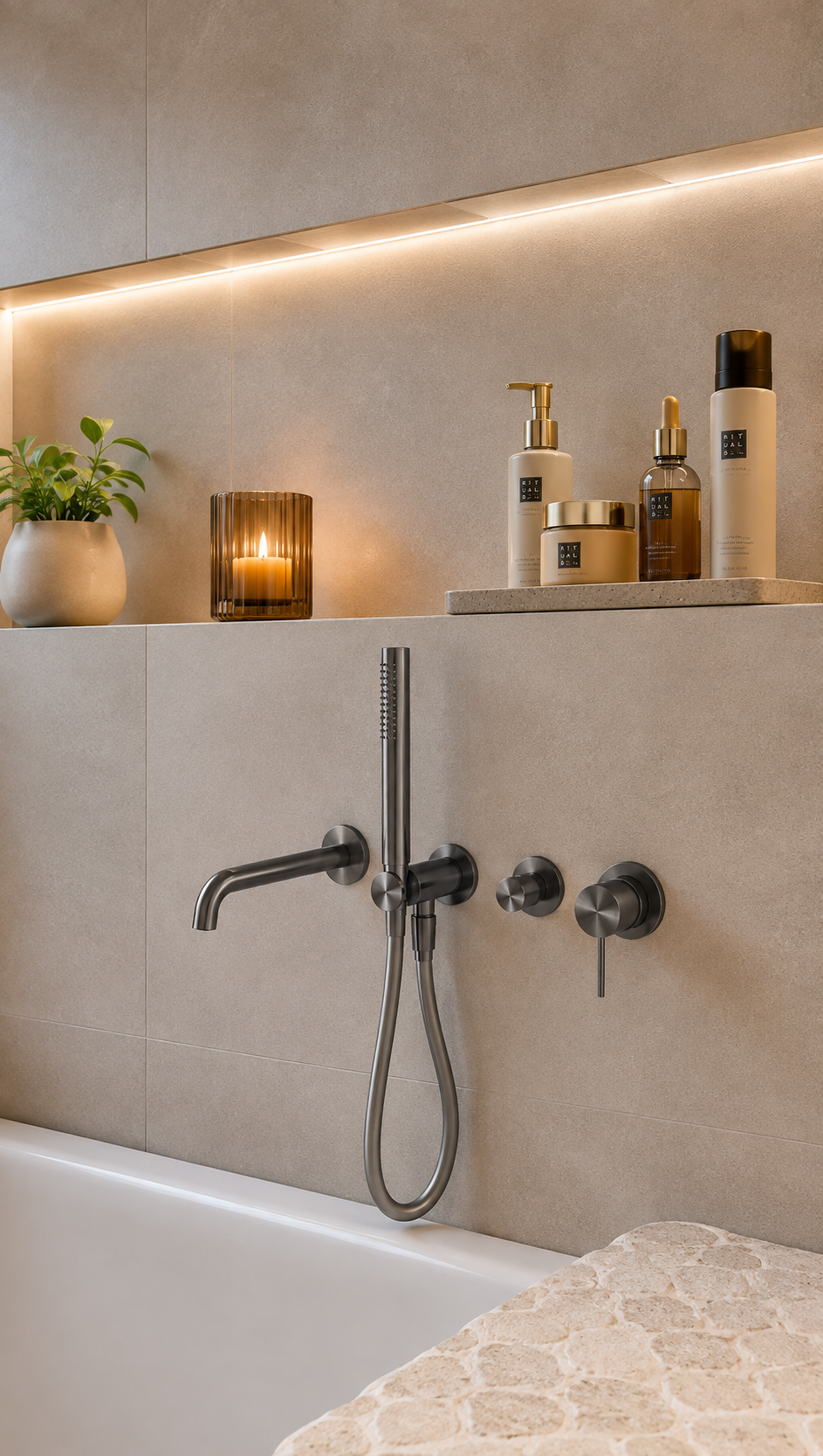 Inbouw Badkraan Messing Geborsteld Gun Metal PVD Met Handdouche En Uitloop 230/260mm | Owen & Finch (OF221912hGM)