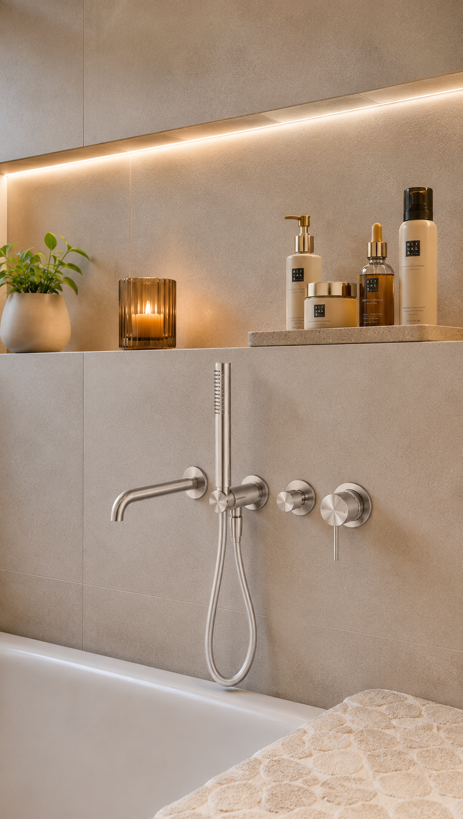 Inbouw Badkraan Messing Geborsteld Nikkel Met Handdouche En Uitloop 230/260mm | Owen & Finch (OF221912hBN)