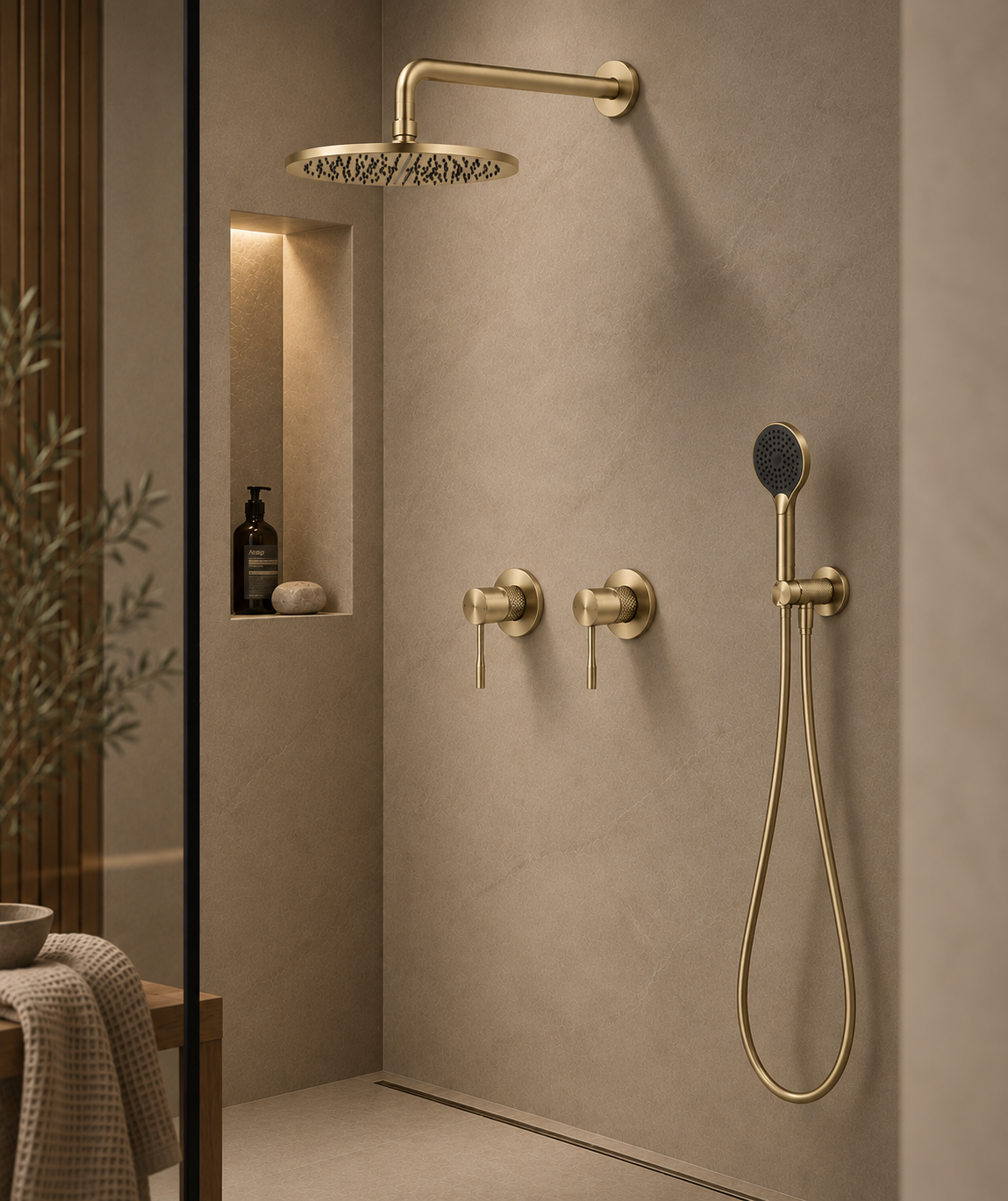 Complete Inbouw Regendoucheset Ø300 mm | Geborsteld Champagne Goud PVD | Owen & Finch (OF251914BG)