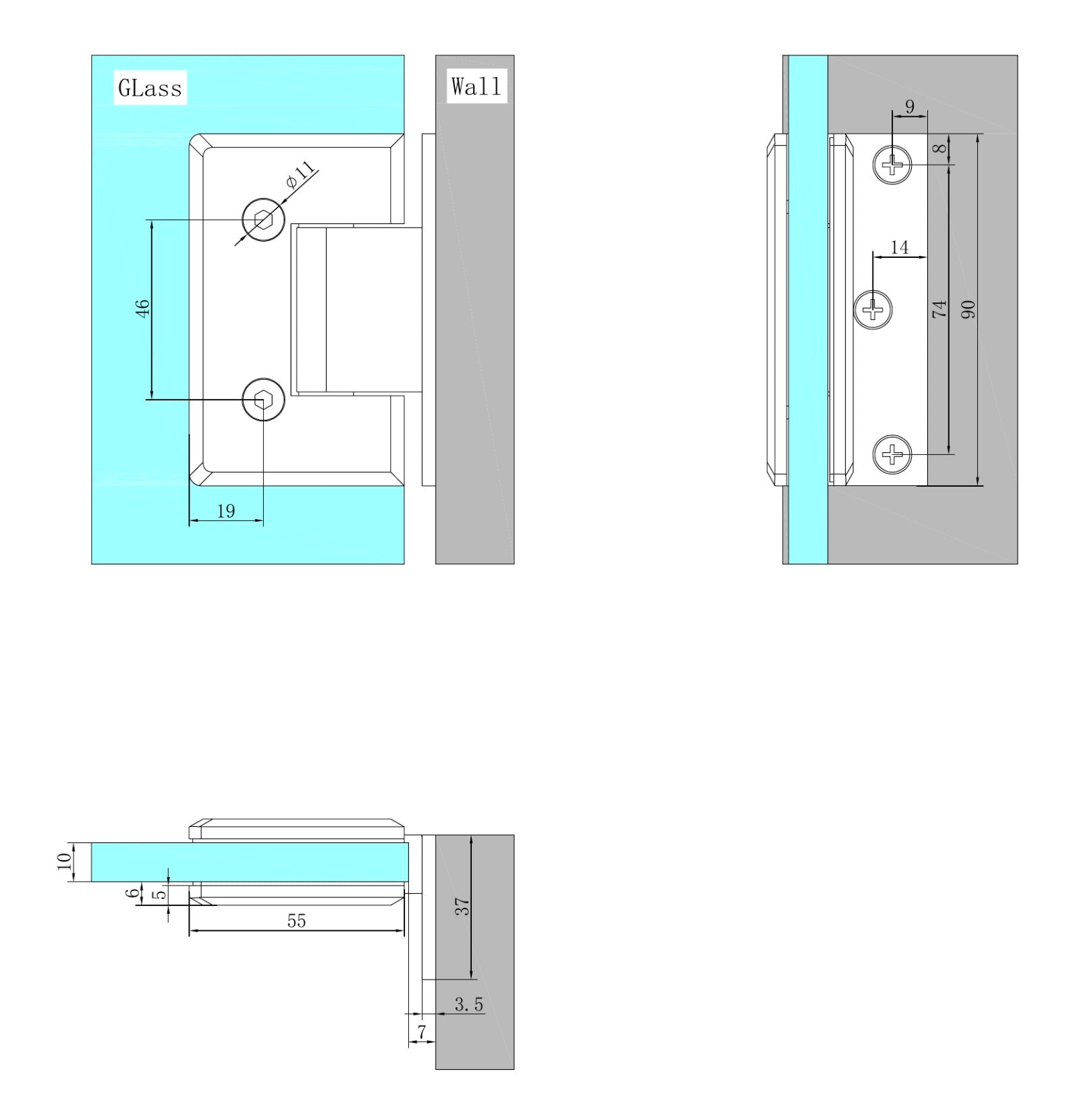 Owen &amp; Finch Brass Glass-to-Glass Hinge 90° | Glass Hardware for Shower Doors Gun Metal PVD (OFSH101GM)