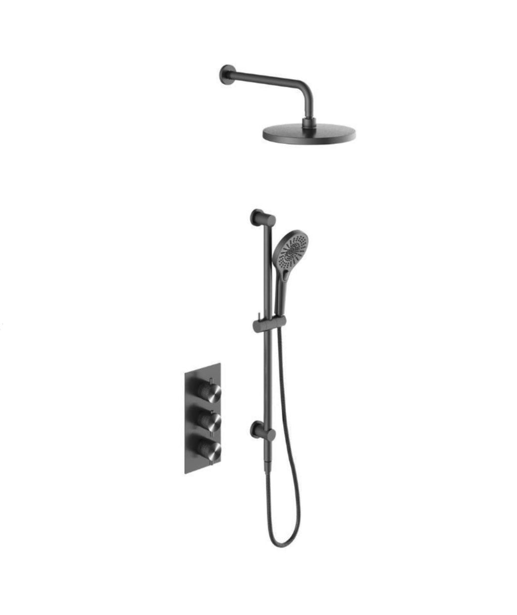 Owen &amp; Finch Brass Shower Set – Brushed Graphite (PVD) | Thermostatic Mixer with Diamond Knurling, Hand Shower &amp; Rain Shower Ø250mm (OF251913GR)
