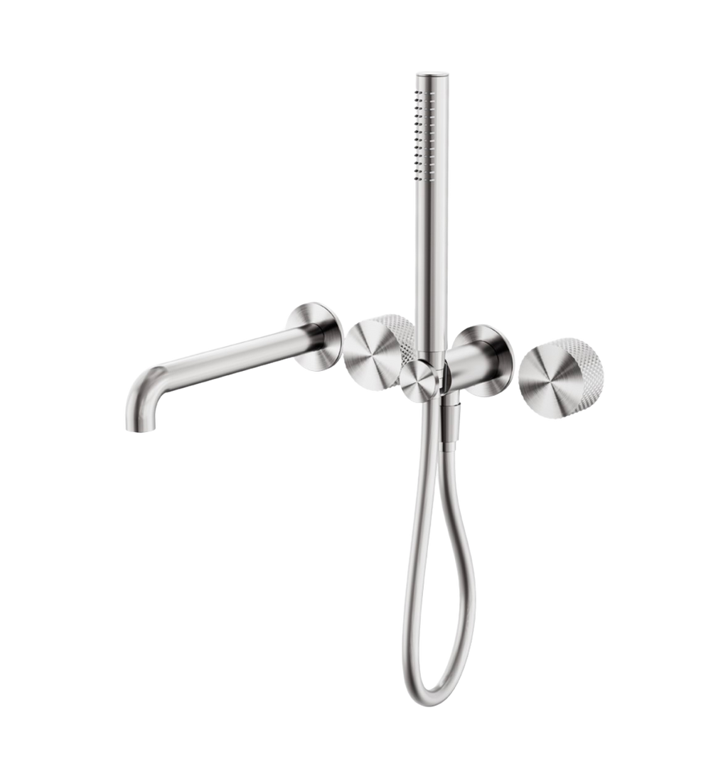 Owen & Finch Messing Badkraan – Geborsteld Nikkel – Progressive Mengkranen met Diamantkarteling, Staafhanddouche & 250 mm Uitloop (OF252003b250BN)