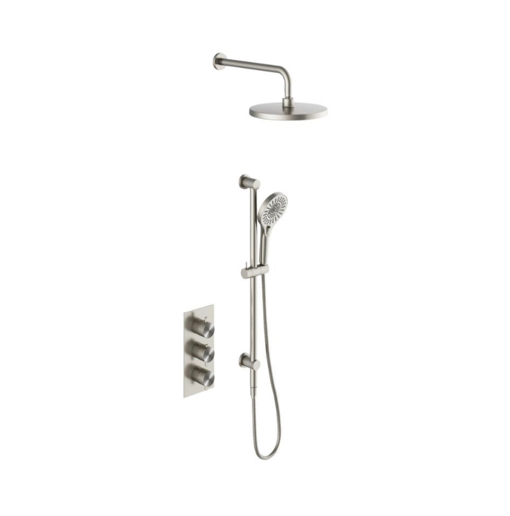 Owen & Finch Messing Doucheset – Geborsteld Nikkel | Thermostaatkraan met Diamantkarteling, Handdouche & Regendouche Ø250mm (OF251913BN)