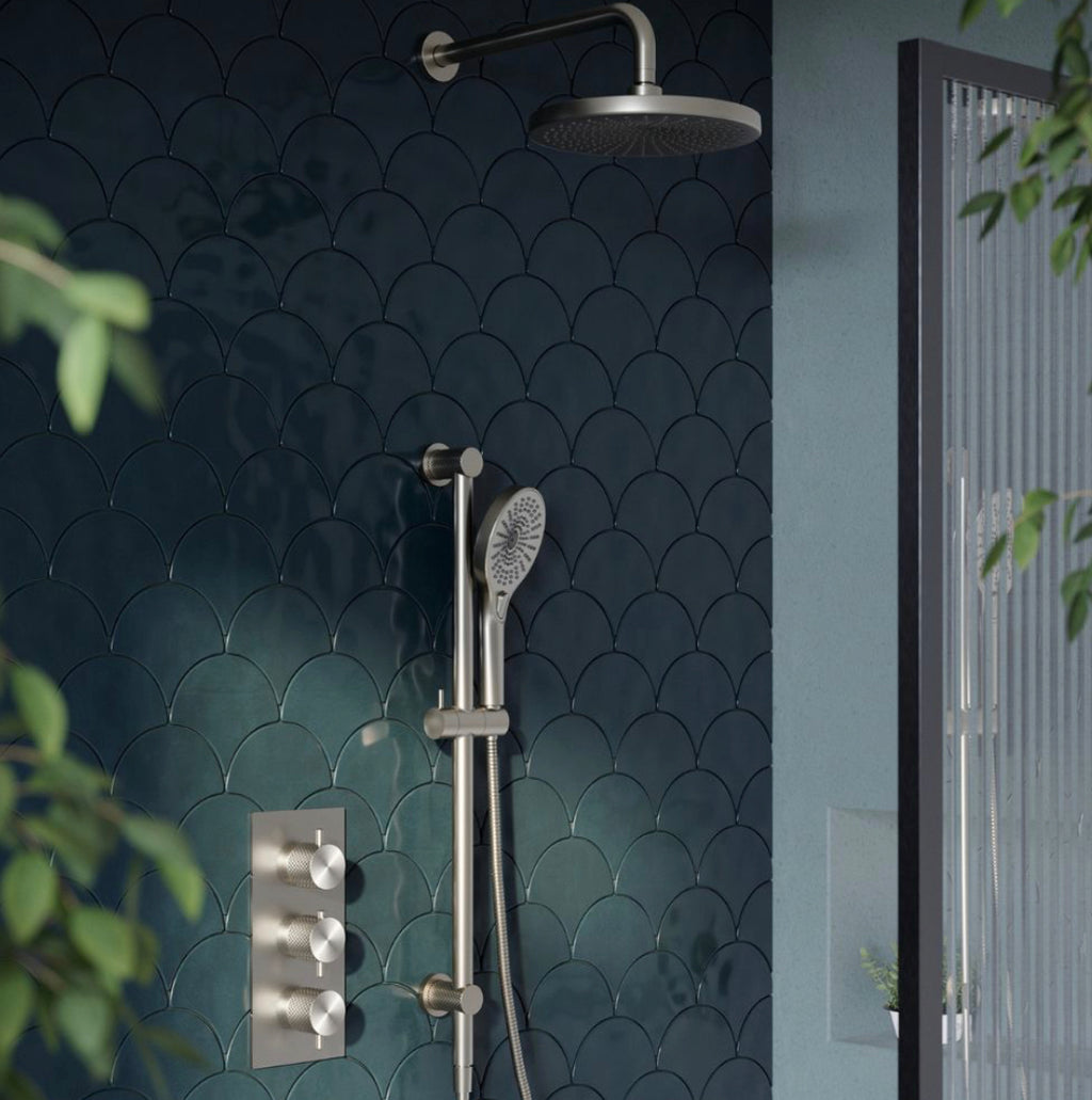 Owen &amp; Finch Brass Shower Set – Brushed Nickel | Thermostatic Mixer with Diamond Knurling, Hand Shower &amp; Rain Shower Ø250mm (OF251913BN)