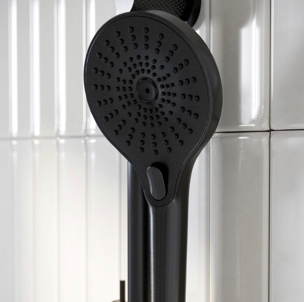 Owen & Finch Messing Doucheset – Geborsteld Grafiet (PVD) | Thermostaatkraan met Diamantkarteling, Handdouche & Regendouche Ø250mm (OF251913GR)